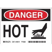 Adhesive-mounted polyester danger signs warning of hot surfaces or equipment. Each sign measures 3 1/2 x 5 inches with a thickness of 0.01 inches. Not retroreflective and does not glow in the dark. Supplied in a pack of 5