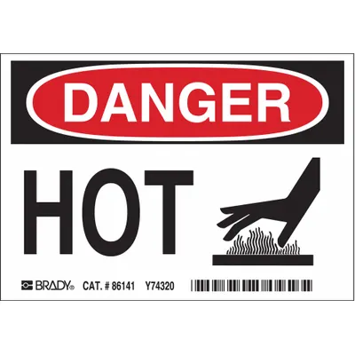 BRADY Danger: Hot Signs, Adhesive Mount, 3 1/2 x 5 in, 5 Pack (86141)
