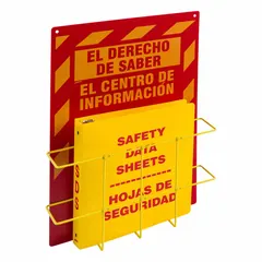 Black wall-mount safety station, 20 in H x 14 in W x 5 in D. Includes mounting hardware for installation. Used to organize and display safety documents, labels, or signage in industrial facilities, centralizing hazard communication information for personnel access.