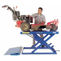 Fixed-top electric scissor lift table with hydraulic mechanism, powered by 230V AC. Load capacity of 2,200 lb and maximum lifting height of 38 19/32 inches. Used for vertical material positioning in assembly, warehousing, and workstation applications.