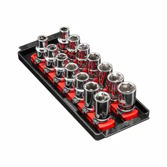 This socket organizer from ERNST MANUFACTURING features a red tray with 14 posts/slots for holding sockets. With an overall width of 3 5/8 inches, it is suitable for organizing sockets in tool storage applications such as workshops, garages, and maintenance areas.