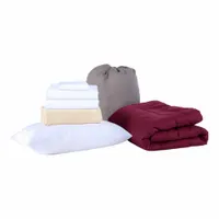 This bedding set includes two burgundy comforters and is made of 100% cotton with a T200 thread count. It fits XL Full mattresses. Suitable for institutional or hospitality settings such as hotels, dormitories, or healthcare facilities