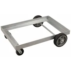 This low hopper undercarriage serves as a base for large-volume modular tub carts in material handling applications. It features two swivel casters for maneuverability and supports loads up to 1,000 lb. Dimensions: 40 1/4 in length, 26 7/8 in width, 8 7/8 in height.
