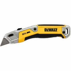 This retracting utility knife has a 9-inch overall length and a steel standard tip. The handle is constructed from aluminum, plastic, and rubber with a rubberized yellow finish. A button-operated retraction mechanism allows the blade to be safely retracted. Suitable for cutting cardboard, plastic strapping, and packaging materials in general industrial and facility maintenance tasks.