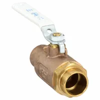 Manual two-way ball valve with a bronze body and lever handle. Straight pattern with sweat connections on both ends. Standard port design for general flow control in plumbing and HVAC systems