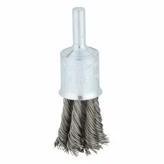 This heavy-cleaning brush is designed for carbon steel surfaces. It features twisted steel fill with a 3/4 in diameter and 0.02 in fill diameter, mounted on a 1/4 in shank. Typical applications include removing rust, scale, weld slag, and deburring or edge blending on metal parts.