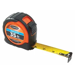 KESON PG1835WIDEV is a 35 ft standard SAE tape measure with a black plastic case and rubberized grip. It features a manual lock, finger brake, and nonmagnetic single hook tip. Graduations are in inches with 1/32 in increments for the first 12 inches. Suitable for general measuring tasks where magnetic interference must be avoided.