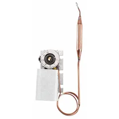 Mechanical thermostat with steel enclosure, SPDT switch action (open/close on rise), and fixed 3°F differential. Temperature control range -30° to 100°F, operates at 120 to 277V AC. Includes 2 ft capillary with 3 in x 3/8 in bulb. Suitable for indoor temperature control in HVAC and industrial environments.