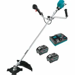 This battery-powered brush cutter features a 40 V brushless motor and a 9 in cutting width. It operates with a 5.0 Ah battery and has a straight shaft. Suitable for trimming grass, weeds, and light brush in landscaping and grounds maintenance.