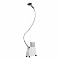 This garment steamer operates on 110V input voltage with a single setting. It includes auto shutoff for safety and has an overall length of 65 inches. Suitable for removing wrinkles from garments and fabrics in commercial laundry, hospitality, and retail settings