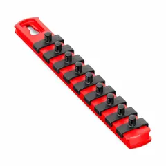 Red plastic socket rail with 9 posts for organizing standard sockets. Overall width of 1 1/8 in. Includes I.D. stickers for labeling. Suitable for use in workshops, garages, and maintenance areas.