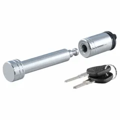 This CURT receiver lock is constructed from steel with a chrome-plated silver finish. It includes two keys and is designed to secure trailer receivers in towing applications, helping prevent theft or accidental detachment.
