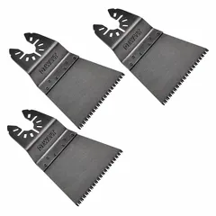 Three open-back universal OIS mounted blades for plunge cutting. Each blade has a 2 1/2 in overall length. Suitable for flush cuts, notches, and trimming in wood applications.