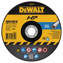 This DEWALT cut-off wheel is designed for contaminant-free cutting of stainless steel. The 60-grit aluminum oxide construction minimizes surface contamination, making it suitable for welding prep and fabrication where material purity is critical. Type 1 wheel with 7" diameter, 0.045" thickness, and 7/8" arbor.