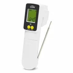 CDN INTP662 is a digital thermometer combining infrared gun and thermocouple probe for non-contact and contact temperature measurement. It features an LCD display, ±1% accuracy, and 2-3 second response. The plastic case measures 6 1/4 inches overall. NSF certified for food safety applications in commercial kitchens and food processing.