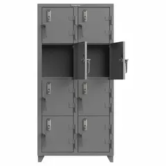 This freestanding steel locker cabinet provides secure storage for mobile devices. It features 8 lockers arranged in 4 tiers, each 18 x 18 inches, with electronic keypad locks and swing handles. The gray, surface-mounted unit is assembled and wiring-ready for charging applications.