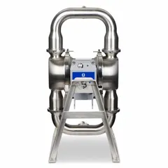 Three-phase electric diaphragm pump with 2 in ports, 380-480V AC motor, and 29 ft max head. Features 316 SS seat material, PTFE check valves, PTFE diaphragm with EPDM backing, and 20 Ra surface roughness. Suitable for sterile transfer, filtration, and dosing in cleanroom environments.