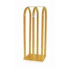 This tire inflation cage provides a safety enclosure for inflating large off-the-road (OTR) tires. The 3-bar steel cage weighs 134 lb and has an overall height of 43-1/2 in. It contains the tire in case of a blowout during inflation, protecting personnel and equipment in industrial settings.