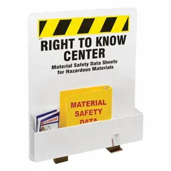 Wall-mount safety station for organizing and displaying hazard communication materials. Overall dimensions: 30 in height, 24 in width, 4 1/2 in depth. Mounting hardware included. Suitable for industrial workplaces requiring centralized access to safety data sheets and training records.