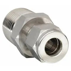 This double-ferrule steel compression fitting adapter connects 1/4 in OD tubing to a 3/8 in male NPT pipe thread. It features a Compression x MNPT configuration with a 7/16-20 thread size. Suitable for instrumentation, hydraulic, and pneumatic systems requiring a leak-tight, vibration-resistant joint. Compatible with Parker A-LOK fitting brands.