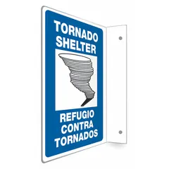 PETG sign with mounting holes for installation. Nominal size 12 in x 9 in. Not retroreflective and does not glow in the dark. Used to mark tornado shelter locations in facilities.