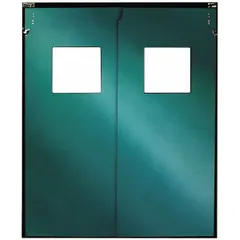 This general purpose swinging door features two doors, each 6 ft wide and 7 ft high, in a green matte vinyl finish with an included vinyl window. It meets USDA standards and comes with door seals, bumpers, and mounting hardware. Suitable for applications requiring durable, easy-to-clean passageways in commercial or industrial settings.