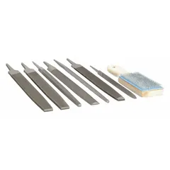 This 8-piece file set includes bastard cut and smooth cut files for material removal and finishing. It features a 10-inch flat smooth file and is stored in a pouch. Suitable for general metalworking and deburring tasks.