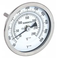 This back-mount fixed-angle thread-mount dial thermometer features a 5-inch dial and a 9-inch stem. It measures temperatures from 50°F to 550°F (10°C to 290°C) with an accuracy of ±1.5% below 150°F. Suitable for direct installation into threaded fittings for continuous temperature monitoring in industrial piping, tanks, and HVAC systems