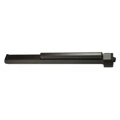 This rim-type exit device features a touchbar style and a bronze finish. It includes a night latch outside trim and is ADA compliant. Suitable for commercial doors up to 3 ft wide, it is used in facilities requiring safe egress.