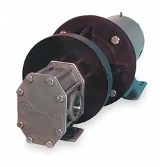 Direct-drive rotary gear pump with 316 stainless steel body and 316 SS gears. Ports are 1-1/2" FNPT. Powered by 230/460V AC. Suitable for transferring clean, non-abrasive fluids in industrial fluid handling systems.
