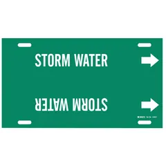 Green strap-on pipe marker with white 'Storm Water' legend and directional arrows. Fits pipe outer diameters from 6 to 7-7/8 inches. Used to identify storm water piping in industrial and commercial facilities.