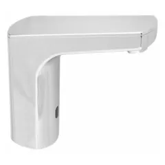 Brass construction with polished chrome finish. Single-post design with plug-in power. Includes mounting hardware. Suitable for hands-free operation in commercial restroom applications.