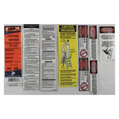 Replacement label kit for Louisville Ladder models FM1503. Contains safety and identification labels to maintain legibility and compliance on material handling equipment.