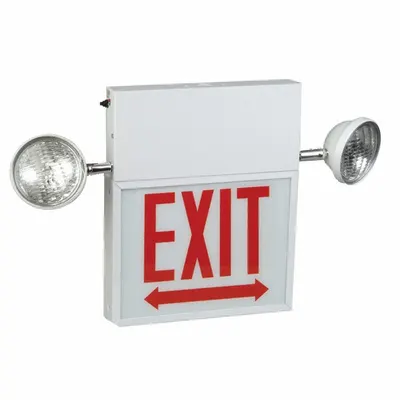 BIG BEAM Chicago Combo Exit Sign - Double Face: White, 2 Faces, Red, LED - Steel Exit Signs with Round Side-Mount Light Heads