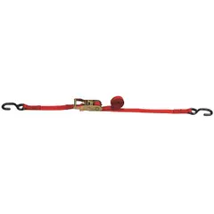 Ratchet-style tie-down strap with 8 ft length and 700 lb working load limit. Features steel S-hooks and red polyester webbing. Used for securing motorcycles on trailers or truck beds during transport.
