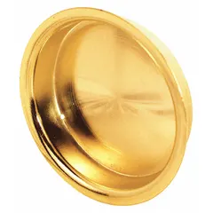 This round recessed tray pull features snap-in mounting for easy installation. Made of brass with a polished brass finish and gold color, it is suited for use on drawers, trays, or cabinet doors where a flush, low-profile handle is desired. Supplied as a single piece.
