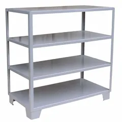 This JAMCO shelving unit is a standalone, fixed open welded steel design with a painted gray finish. It measures 48 inches wide by 18 inches deep with an overall height of 54 inches and includes four shelves. Suitable for medium-duty storage in warehouses, workshops, and retail backrooms.