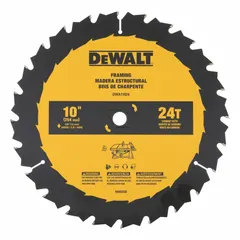 This 10-inch circular saw blade is designed for ripping softwood. It features 24 teeth, a 0.09-inch cut width, and a 5/8-inch arbor size. Suitable for fast, rough cuts along the grain in framing and construction lumber.