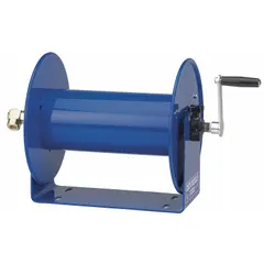 This lightweight hand-crank hose reel features a U-base design for stable mounting. It accommodates up to 250 ft of 3/8 in I.D. hose and includes a nitrile seal and brass swivel for fluid transfer. Overall dimensions are 17 in L x 9-1/2 in W x 18 in H. Suitable for manual hose management in workshops, maintenance bays, and light manufacturing.