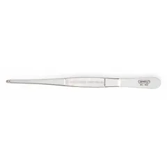 General purpose tweezers made of stainless steel with a round, straight tip measuring 1 mm in thickness. The serrated gripping surface provides secure handling of small parts, components, or debris. Suitable for assembly, electronics, and light industrial tasks.