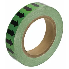 Green vinyl pipe marker tape with black directional flow arrows. Non-reflective, 1 inch wide by 90 feet long. Used for banding pipes to indicate flow direction in industrial facilities.