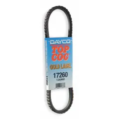 This DAYCO 13A Series cogged V-belt features an A trade size, 36° angle, and 5/16 in thickness, reinforced with polyester cord. The cogged design provides flexibility and reduced bending resistance for power transmission applications such as pumps, compressors, and fans.