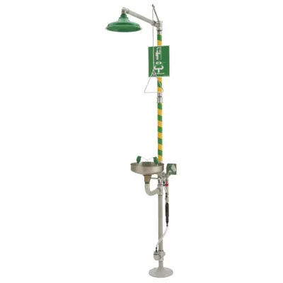HAWS Shower with Eyewash: Floor Mnt, Uncovered, Stainless Steel Bowl - Floor-Mount Showers with Eyewash
