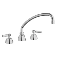 This centerset kitchen faucet is constructed from cast brass with a widespread, deck-mount design. It features three mounting holes and a lever handle. Suitable for use in commercial or residential kitchen sinks where a durable, three-hole configuration is required