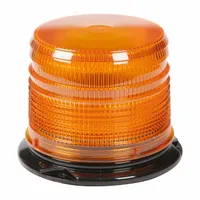 Amber LED vehicle flashing beacon with round shape and pipe mount. Operates on 12 to 24V DC with 26 selectable flash patterns. SAE Class 2 rated. Electrical connection via blunt cut wires. Overall dimensions: 6 3/8 in width, 4 7/8 in height. Suitable for warning and signaling on service, utility, and construction vehicles