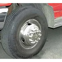 DOT-mount dual wheel simulator for 16-inch wheel diameters on heavy trucks and trailers. Provides a polished appearance that simulates aluminum wheels while protecting lug nuts and wheel ends from road debris and corrosion