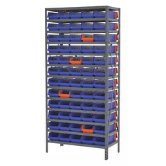 Metal stationary bin shelving unit with 13 shelves and 60 open-front indicator bins. Each bin measures 4 in x 6-5/8 in x 17-7/8 in. Frame is gray steel; bins are blue. Suitable for organizing small parts and components in industrial facilities, warehouses, and workshops.