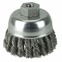 This WEILER cup brush features standard twist knot wire bristles for aggressive cleaning on contoured carbon steel surfaces. With a 2-3/4 in diameter and 0.02 in fill diameter, it is suited for removing rust, scale, and weld splatter. The 3/8-24 arbor hole allows secure mounting on compatible tools.