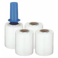Standard-duty cast stretch wrap with 80-gauge thickness and white opaque color additive. Each pack contains four 5-inch-wide rolls. Includes a reusable dispenser with hand brake for controlled application during bundling and securing of items