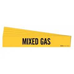Yellow adhesive pipe marker with black legend text reading 'Mixed Gas'. Fits pipe outer diameters of 8 inches and larger. Sold in a 5-pack containing one marker without arrows. Used to identify pipes carrying mixed gas in industrial facilities.